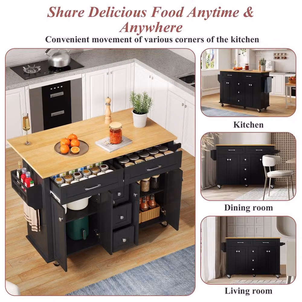 Matteo Black and Natural Kitchen Island Trolley with Foldable Top and Storage, W/D/H: 120 x 40 x 89 cm – 4
