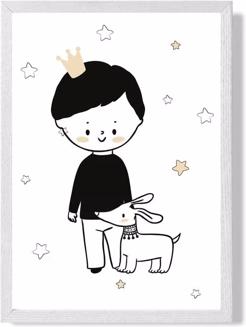 ARTZE Scandi Prince Little Boy with Dog Framed Print, Multicolour, A2, White Frame with Black Details