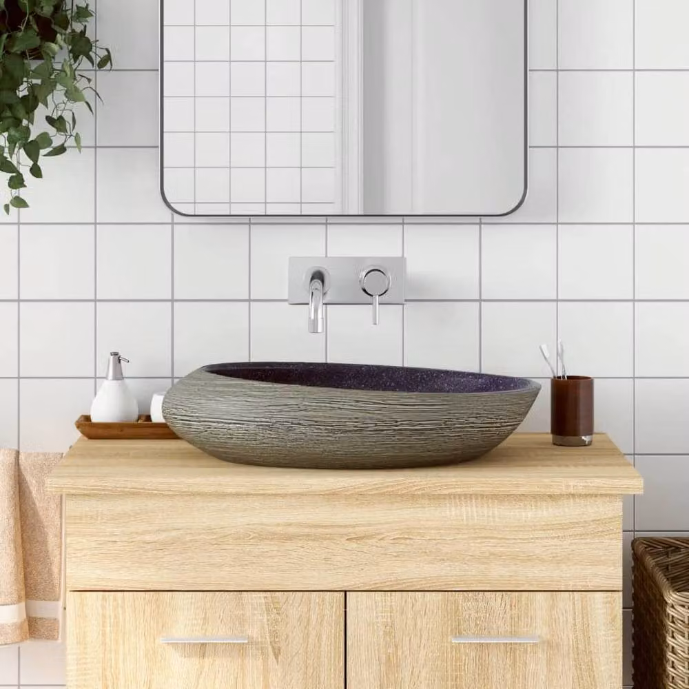Berkfield Home Oval Ceramic Countertop Basin in Purple and Grey, W: 59 cm, D: 40 cm, H: 14 cm – 2