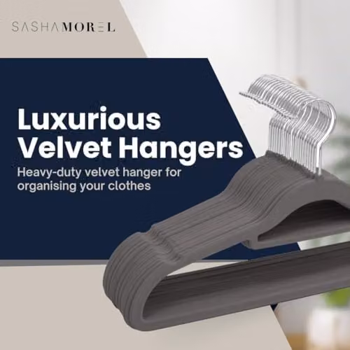 Sasha Morel 20 Pack Non-Slip Velvet Coat Hangers with Tie Organiser and Swivel Hooks in Grey – 4