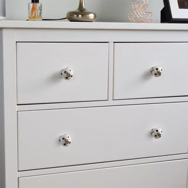 Nicola Spring Polished Ceramic Cupboard and Drawer Knobs with Threaded Stem, White and Black Polka Dot, Pack of 24