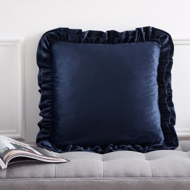 Catherine Lansfield So Soft Velvet Touch Double Frill Filled Cushion, Blue, W: 43 cm x H: 43 cm