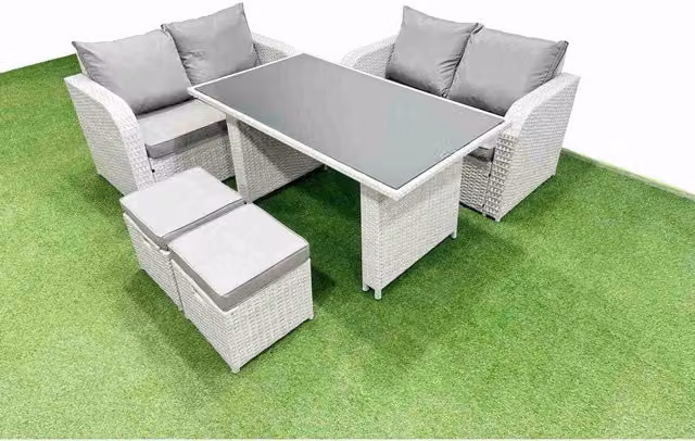 Fimous 5-piece PE rattan outdoor sofa set with rectangular tempered glass table, Light Grey
