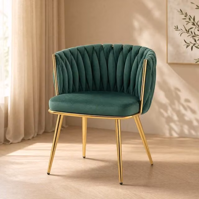 STILVORA Set of 2 Green Velvet Dining Chairs with Gold Metal Legs and Armrests – 1