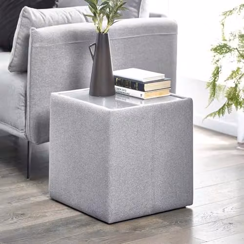 Julian Bowen Rohe Platinum Fabric Lamp Table in Grey with Glass Top, W/D/H: 45 x 45 x 45 cm