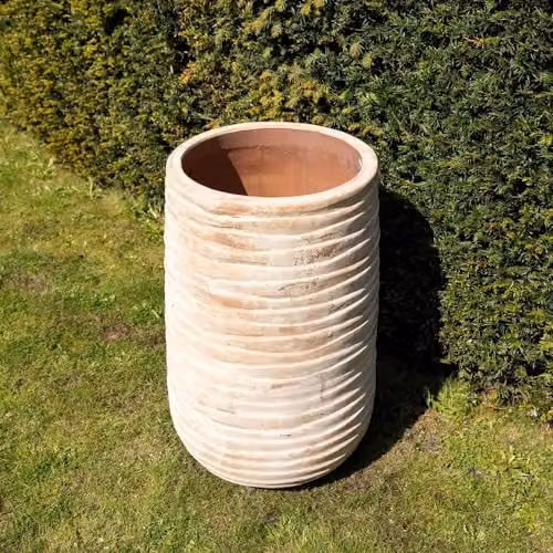Primrose Tall Round Ribbed Terracotta Planter in Beige, Height: 59 cm – 2