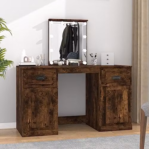 vidaXL Dressing Table with LED in Brown Oak, W/D/H: 130 x 50 x 132.5 cm – 2