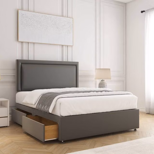 BSSPOKE Ella Plush Velvet Divan Bed with 24 inch Headboard, 4 Drawers and Mattress, Grey, W/D/H: 140 x 200 cm