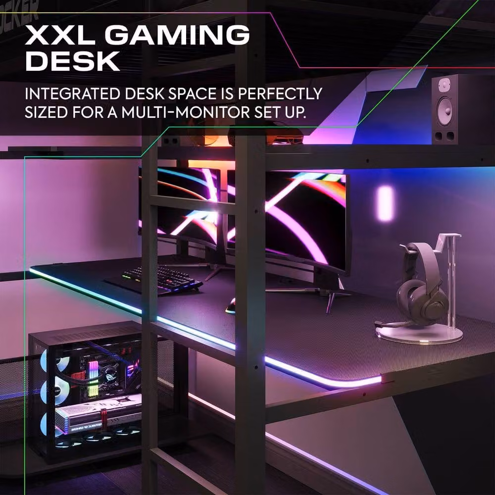 X Rocker Battlebunk RGB LED Single High Sleeper Gaming Bunk Bed with Desk in Black, W/D/H: 90 x 200 x 182.9 cm – 2