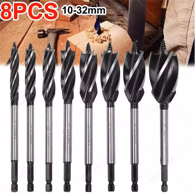 EONLION 8-Piece High-Carbon Steel Fast Cut Wood Auger Drill Bit Set in Black – 1