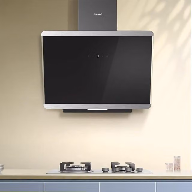 Livingandhome Black Wall-Mounted Angled Glass Range Hood with 3-Speed Touch Screen Control