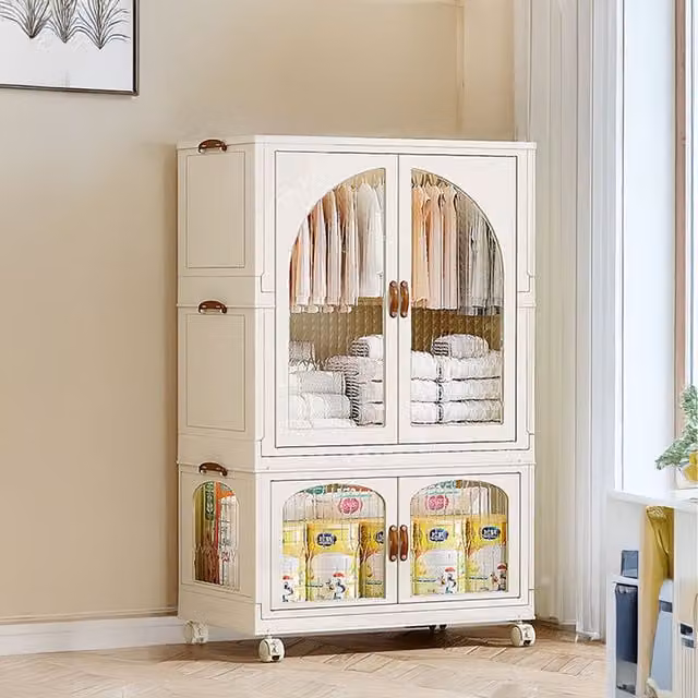 Komore White Foldable Wardrobe for Childrens Rooms with Hinged Doors and Hanging Rod, Width: 118.5 cm