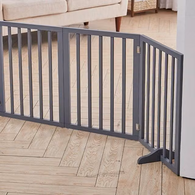 EONLION Grey Lacquered Wooden Folding Pet Safety Gate and Dog Fence Barrier