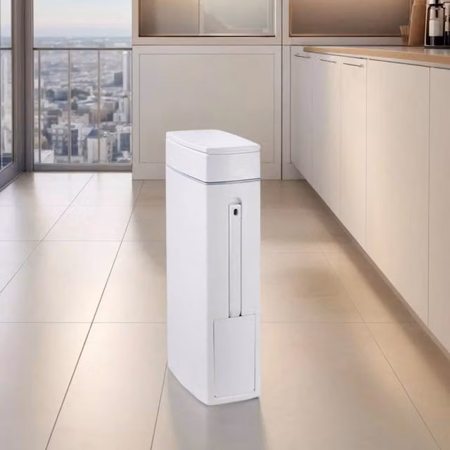 KORVIXA Slim White Plastic Waste Bin with Lid and Cleaning Brush