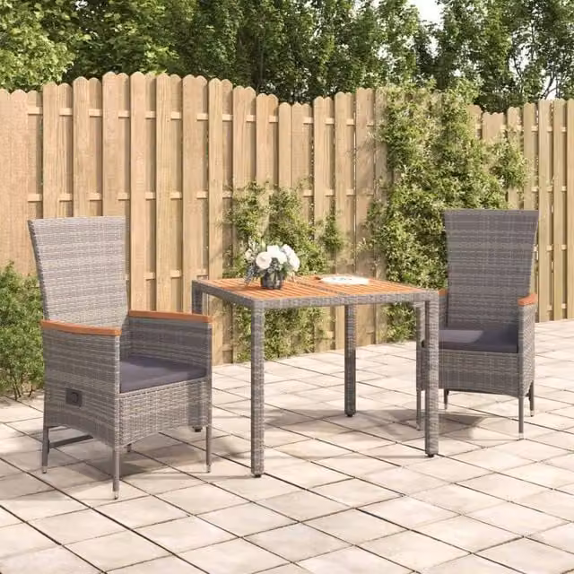 Berkfield Home 3 Piece Grey Poly Rattan and Solid Acacia Wood Garden Dining Set – 1