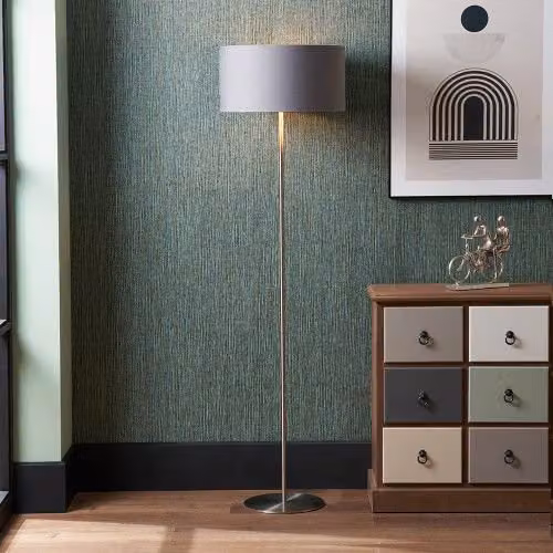Ruma Modern Silver and Grey Floor Lamp with Fabric Drum Lampshade