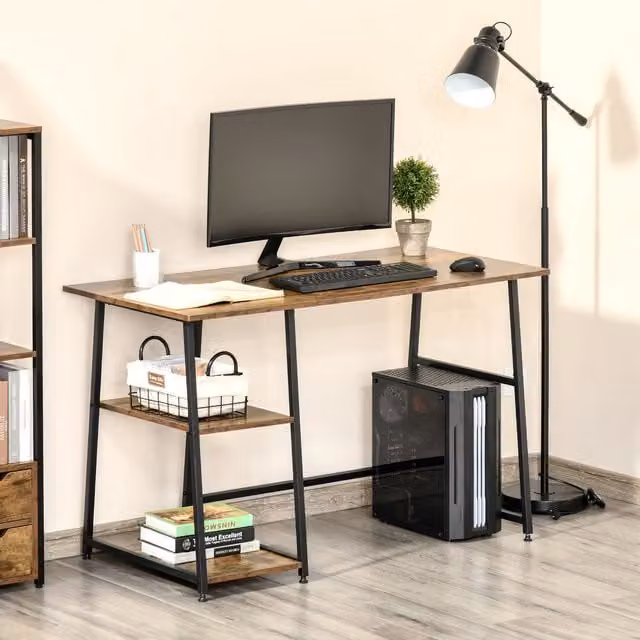 HOMCOM Industrial Writing Desk with 2 Shelves and Steel Frame in Brown and Black, Width: 120 cm