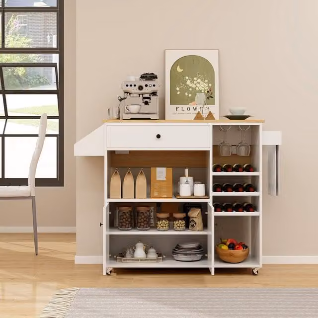 COSTWAY Modern Drop Leaf Kitchen Island Cart in White