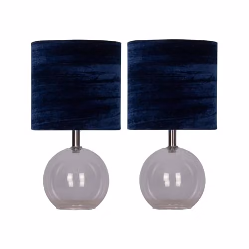 First Choice Lighting Set of 2 Buck Clear Glass Table Lamps with Blue Fabric Shades – 4