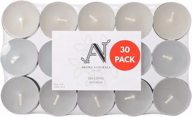Aroma Naturals Soft Cotton Scented Tealight Candles, 30 Pack, White and Grey, D: 3.77 cm, H: 1.45 cm