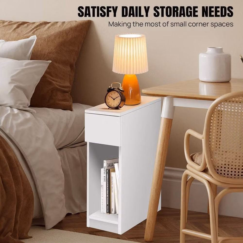FLAVORA TypB Slim Narrow Bedside Table with Drawer and Shelf in White – 3