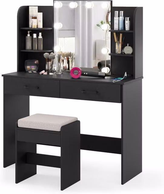 Costway Modern Black Hollywood LED Dressing Table Set