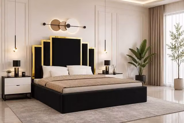 Soft Snooze Beds Luxury Black Velvet Ottoman Bed with Gold Trim and Tufted Headboard, Super King Size (200 x 200 cm)
