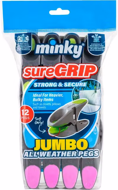 Minky SureGrip Jumbo Clothes Pegs, Pack of 12, Blue and Multicolour
