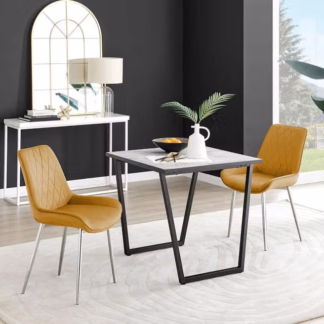 FurnitureboxUK Carson White Marble Effect Square Dining Table and 2 Pesaro Silver Chairs in Mustard Yellow