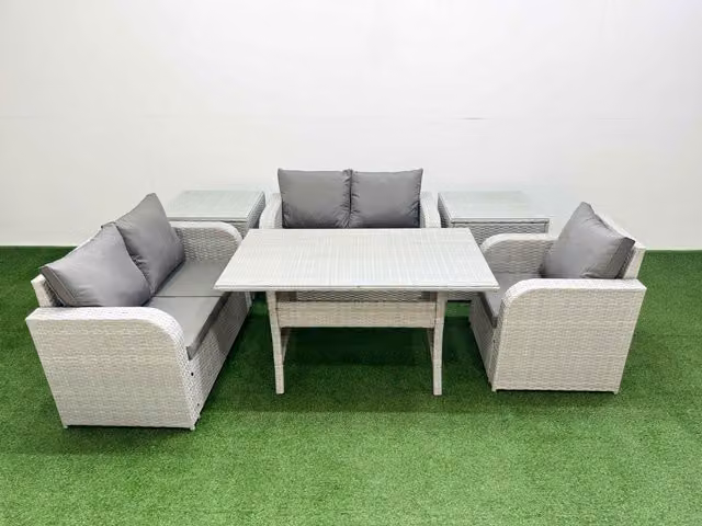 Fimous Grey Poly Rattan Garden Furniture Set with Reclining Chair, Loveseat Sofa, Rectangular Dining Table and 2 Side Tables