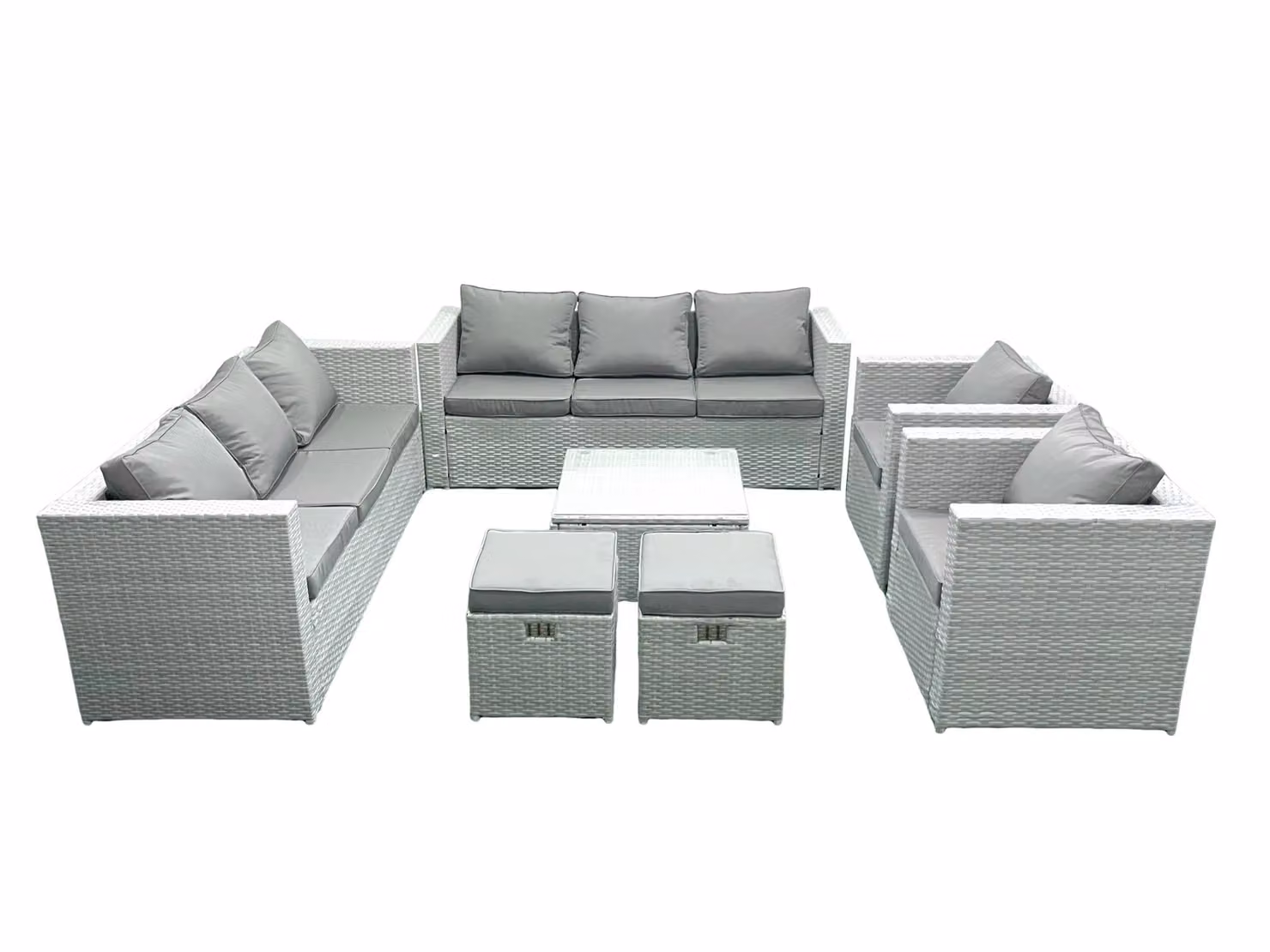 Fimous Outdoor Rattan Garden Furniture Set in Light Grey with 3 Seater Sofa, 2 Armchairs, Square Coffee Table and 2 Footstools – 2