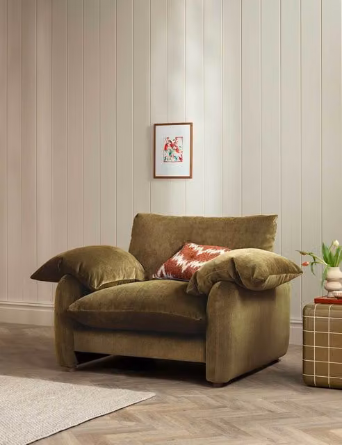 Barker and Stonehouse Orson Green Velvet and Chenille Snuggle Chair with Feather Filling and Armrests