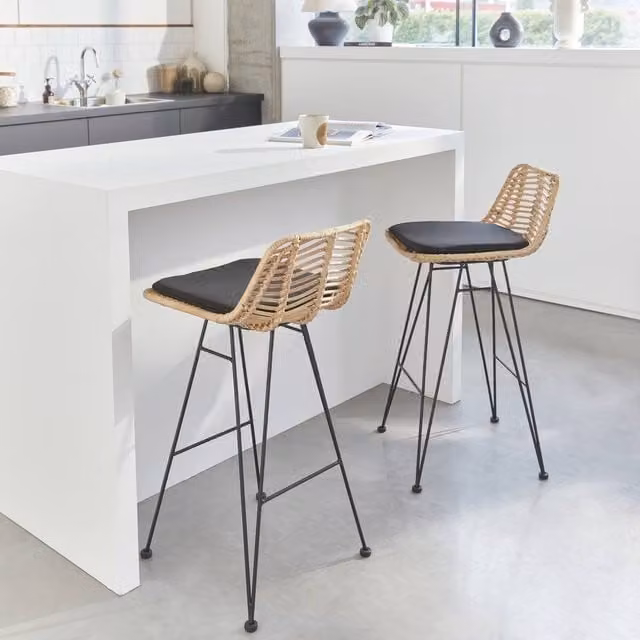 Sweekeet Pair of Black Rattan and Metal Industrial Bar Stools with Removable Fabric Covers, Height: 67 cm – 1