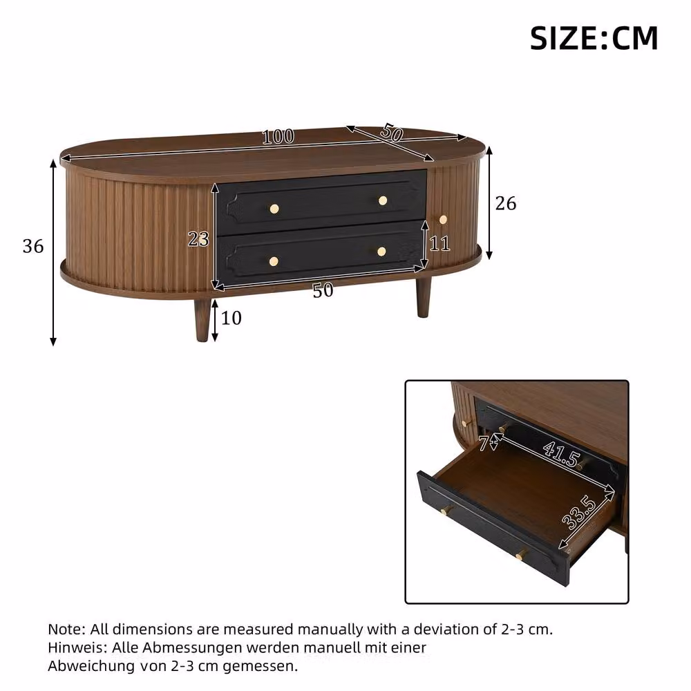Merax Walnut and Black Oval Coffee Table with Two Drawers and Roll Up Doors – 4