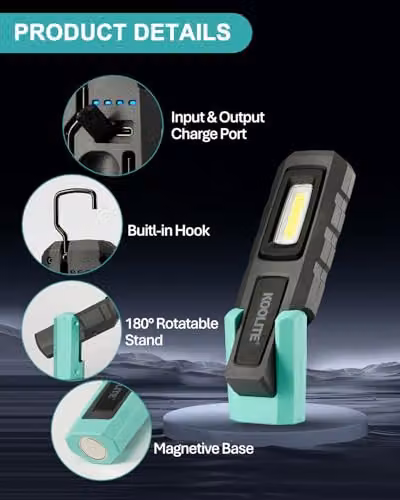 KOOLITE Rechargeable LED Work Light, 600LM Waterproof Inspection Lamp with Magnetic Stand and Clip, Blue – 5