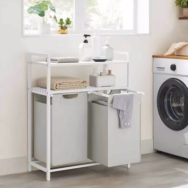 The Bazaarist Laundry Sorter with 2 Pull Out Removable Bags and Storage Shelves, White – 1