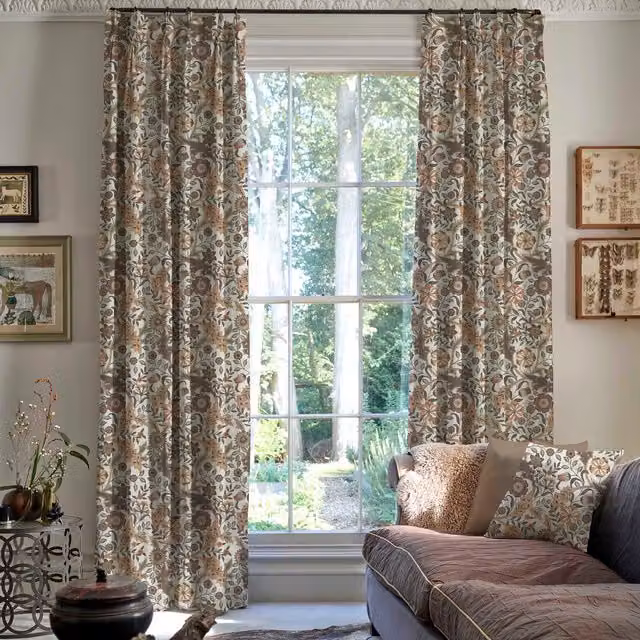 Linda Barker Home Agra Made To Measure Blackout Floral Curtains in Mushroom Beige and Multicolour Cotton