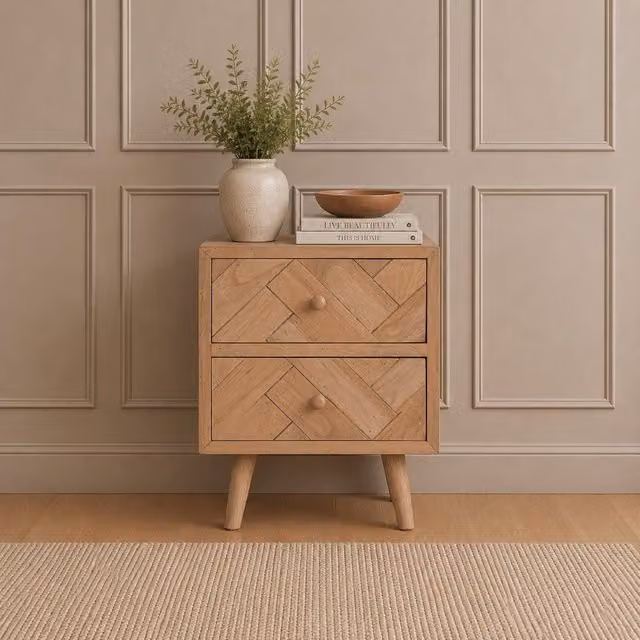 Elm Home And Garden Rustic Solid Mango Wood Bedside Table with 2 Drawers in Brown
