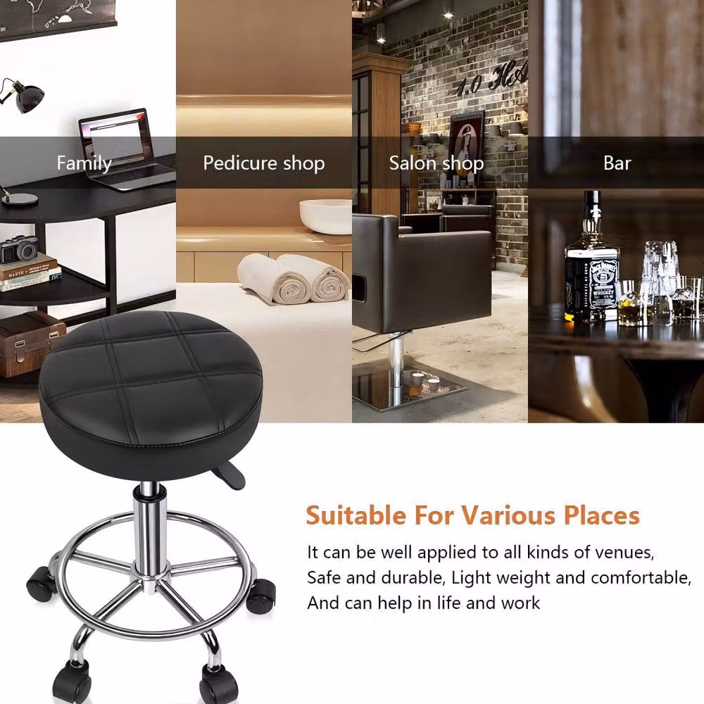 KKTONER Stylish Round Rolling Stool in Black PU Leather with Height Adjustment – 6