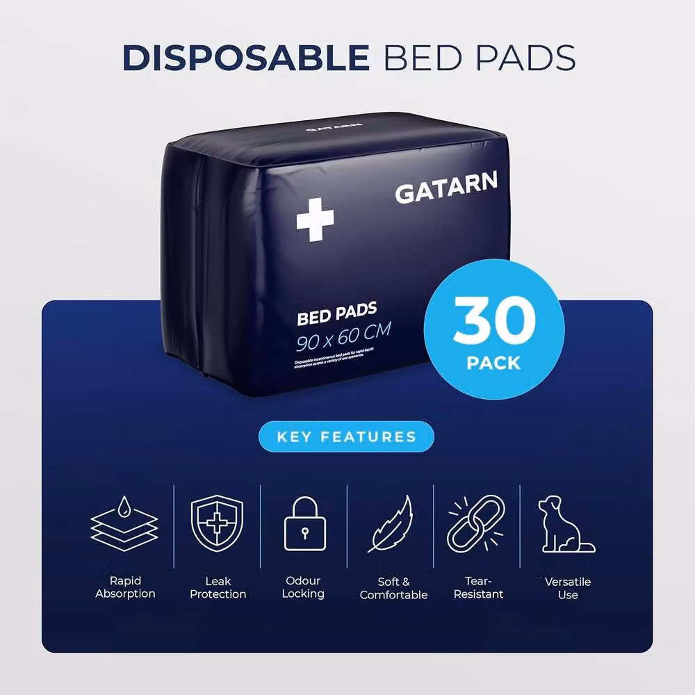 GATARN Disposable Incontinence Bed Pads for Adults and Babies, Blue, 30 Sheets, W: 60 cm, D: 90 cm – 2