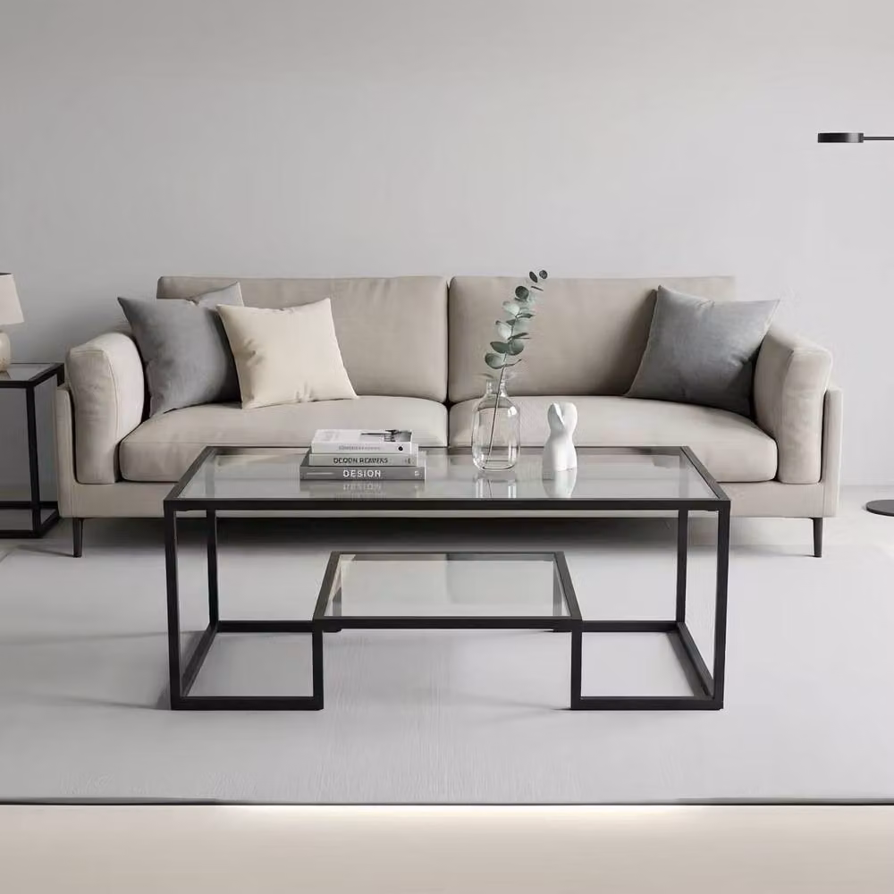Alivio Modern Rectangular Coffee Table with Metal Frame and Transparent Wood Storage Shelves – 2