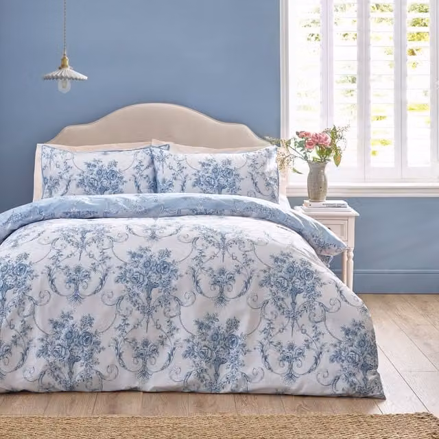 Catherine Lansfield Antoinette Reversible Floral Duvet Cover and Pillowcase Set in Blue