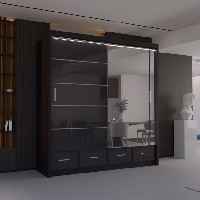 Sliding Wardrobes 4U Luxury High Gloss Sliding Wardrobe with Integrated LED Light, Black, W: 208 cm, H: 220 cm