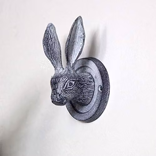 Melody Maison Grey and White Hare Head Metal Wall Mounted Coat Hook, W/H: 8.5 x 13 cm