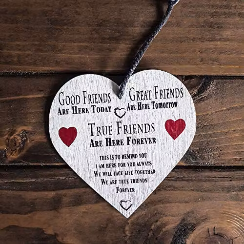 Marco Paul Rustic Wooden Good Friends Heart Shaped Wall Plaque in Beige – 1