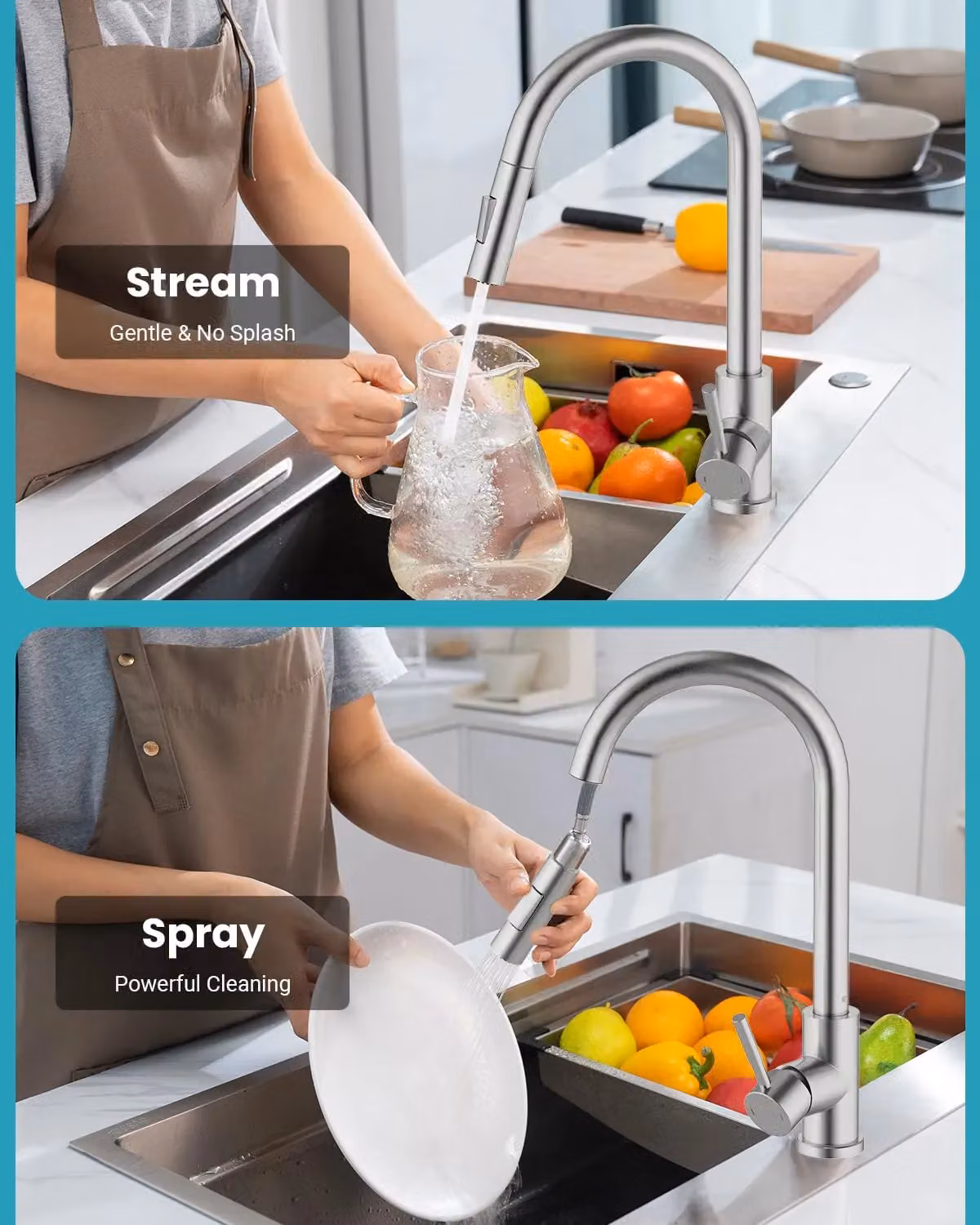 Appaso Single Lever Kitchen Mixer Tap with Pull Out Spout and 2 Spray Modes in Brushed Silver Stainless Steel W/D/H: 36.5 x 17.0 x 20.0 cm – 4