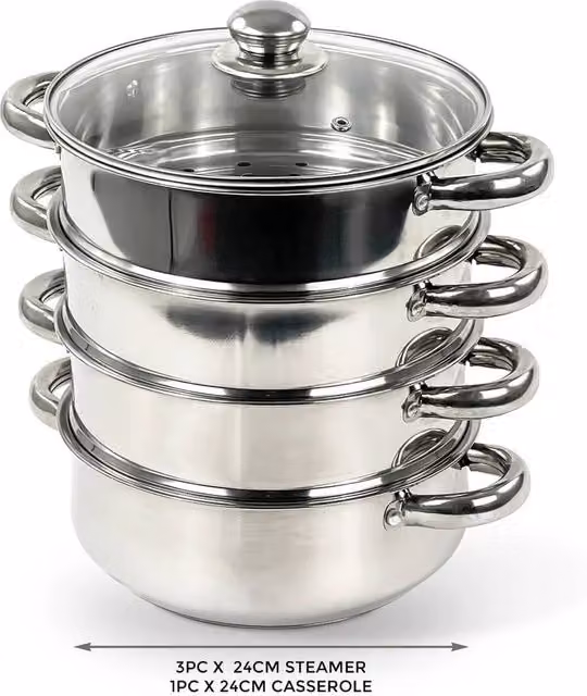 Flavora 4 Tier Stainless Steel Induction Hob Steamer Pot in Silver, Height: 24 cm