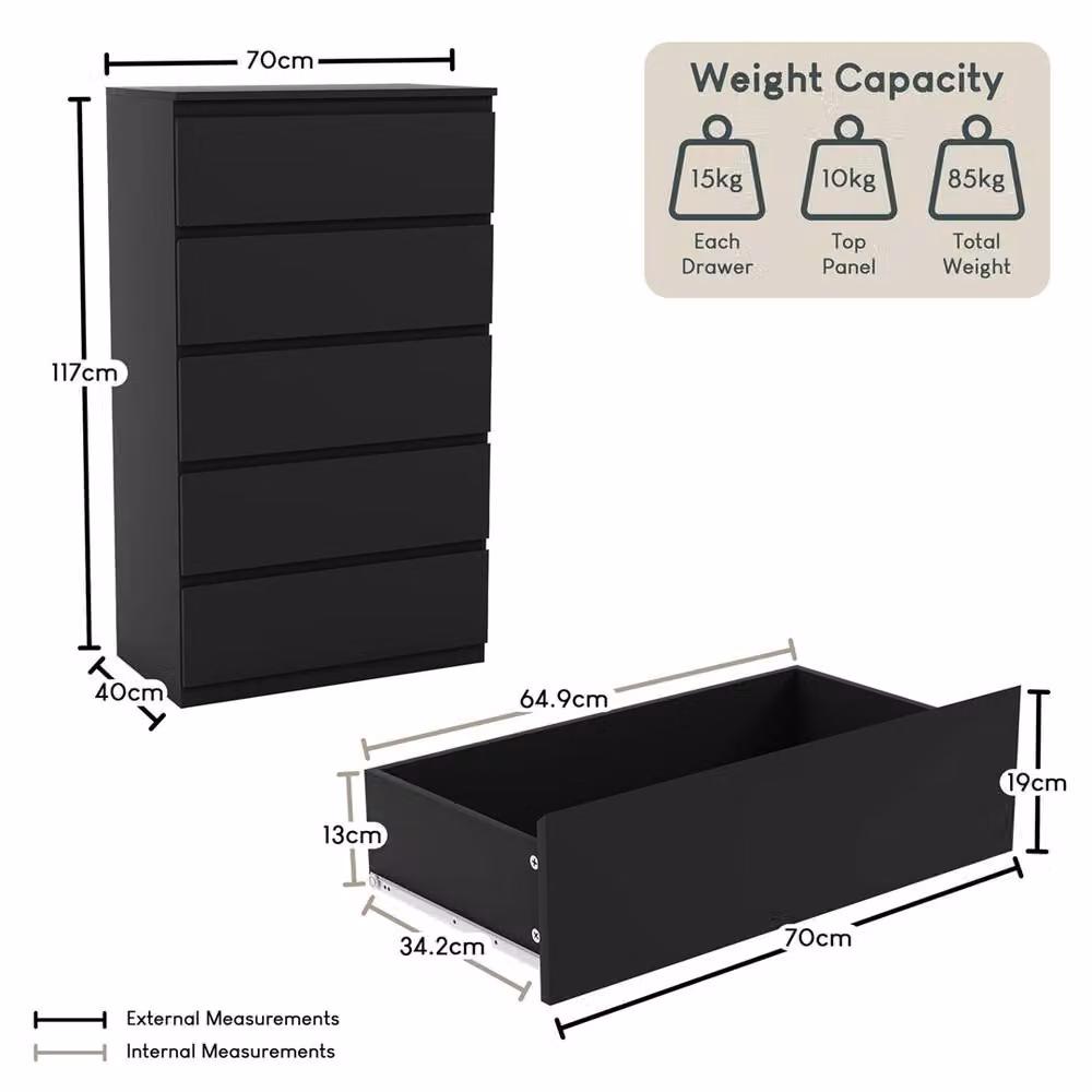 NESTLUNE Black 5 Drawer Chest of Drawers Storage Cabinet – 2