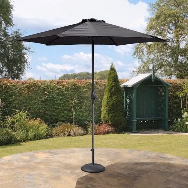 Garden Mile Black Garden Wind Up Parasol with Steel Frame and Polyester Canopy, Height: 270 cm