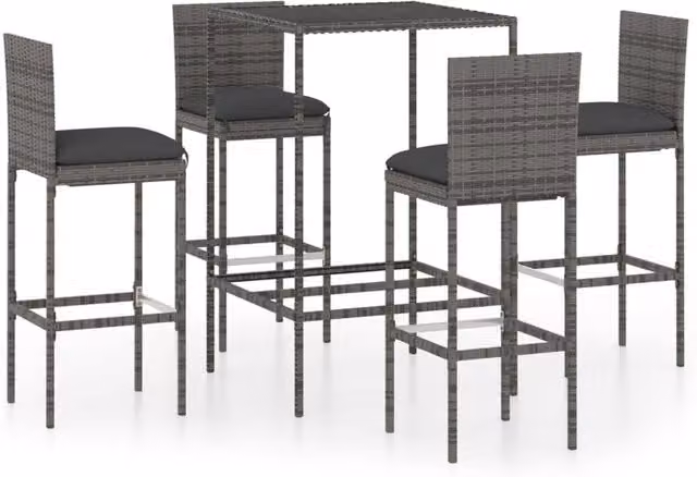 Berkfield Home 5 Piece Grey Poly Rattan Garden Bar Set with Cushions and Glass Top Table – 1